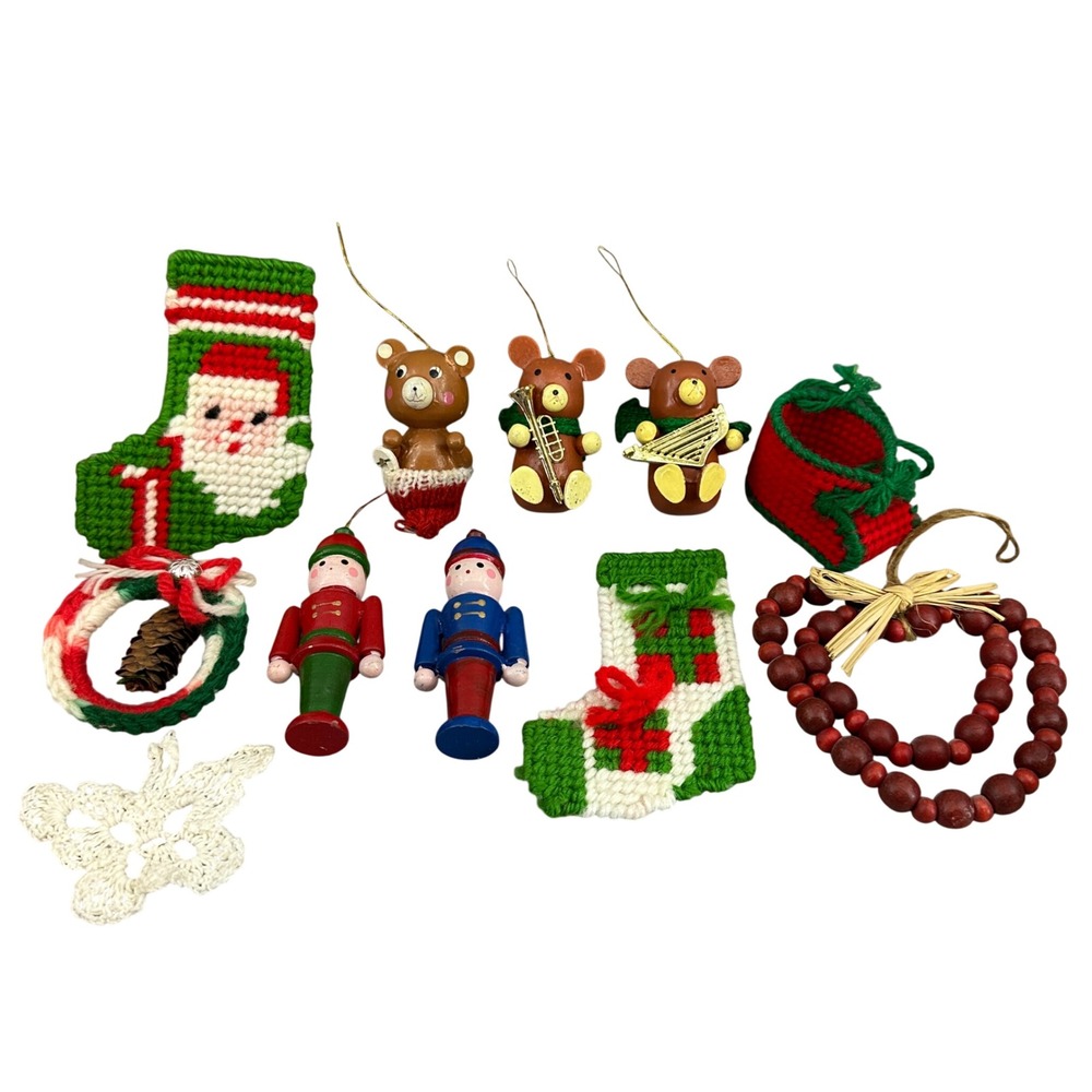 Vintage Christmas Ornaments Lot of 9 Stocking Santa Nutcracker Bear Wreath Beads